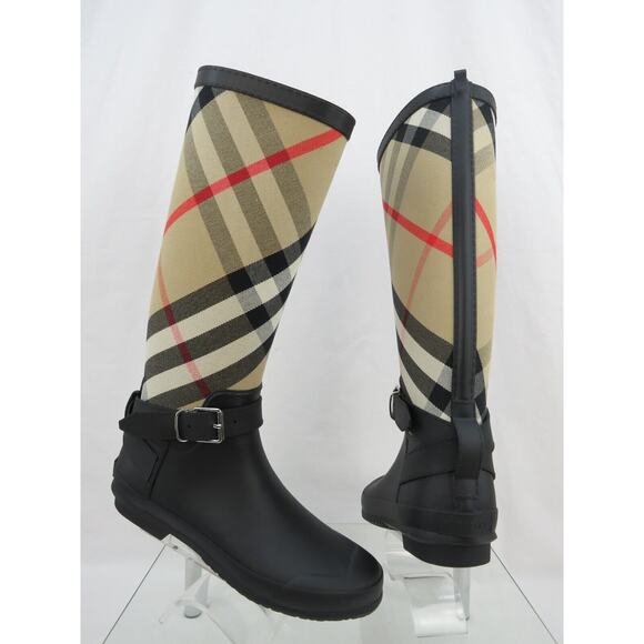BURBERRY SIMEON BLACK RUBBER BEIGE CHECK LOGO KNEE HIGH RAIN BOOTS US 8 EU 38 - Picture 6 of 14